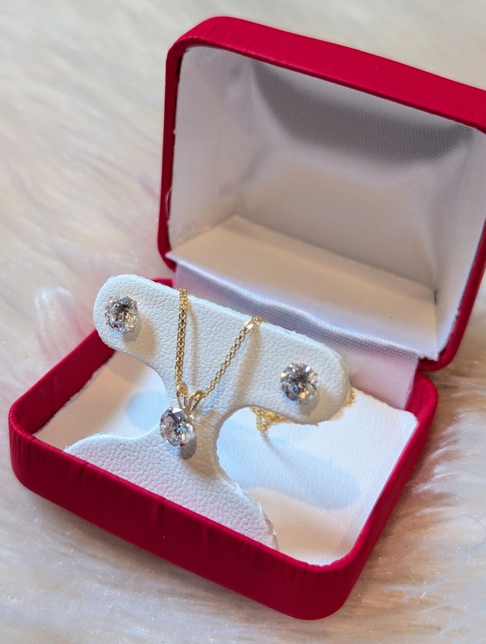 Real 14K Gold Cz Diamond Earrings & Pendant Set